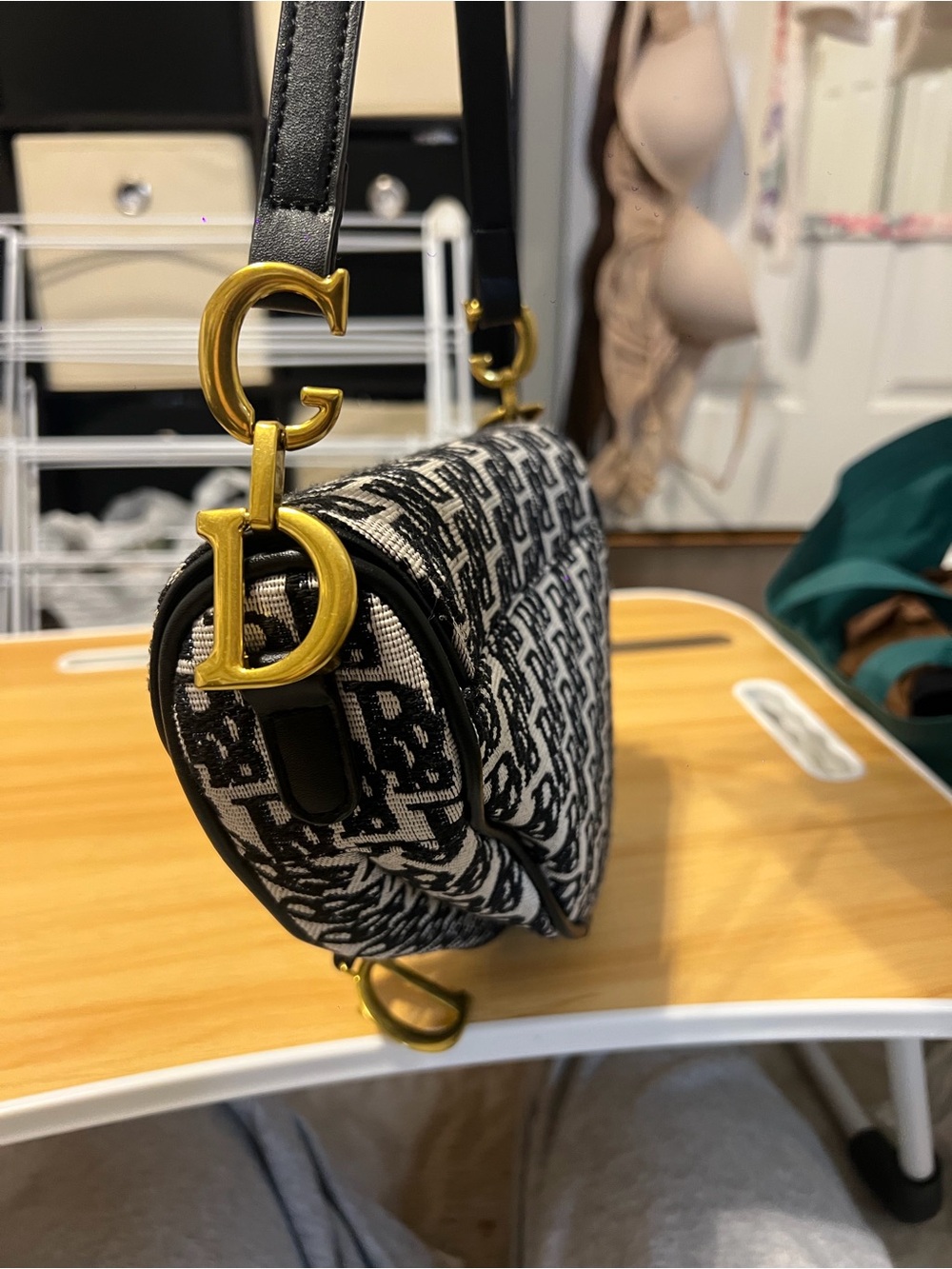 Designer-Inspired Black & White Patterned Shoulder Bag - Picture 9 of 9